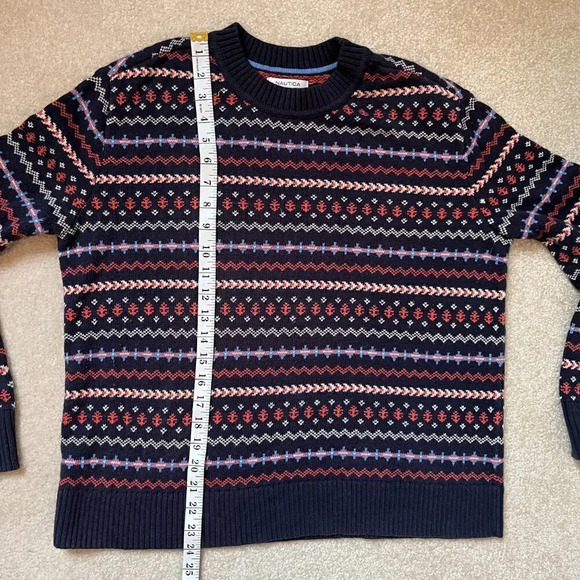 Nautica Navy Blue Fair Isle Crew Neck Sweater Nautical Wool Blend - Size M - Picture 7 of 8